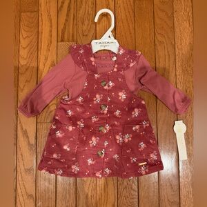 Tahari Baby Girl Dusty Rose Floral Corduroy Dress w/ Long Sleeve Top/headband